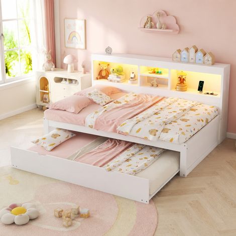 Cama nido 90x200 cm blanca en tablero de partículas y MDF con LED, cama extraíble y puertos USB (1/5)