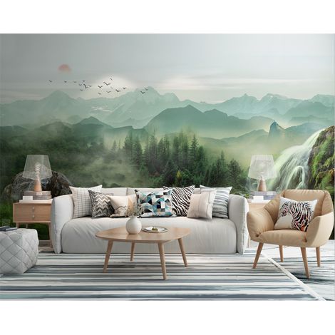 Papier Peint Paysage - Cascade et Montagnes Brumeuses - 150 x 250 cm (1/2)