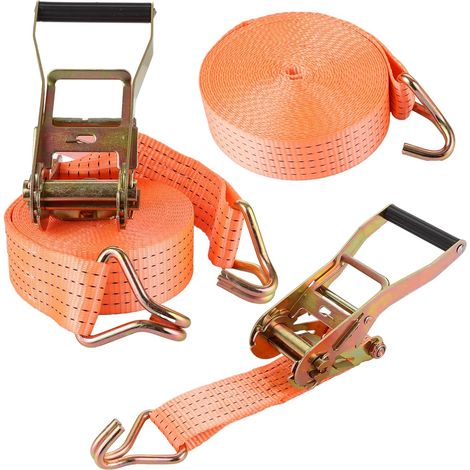 Lot de 2 Sangle a Cliquet 10m x 50 mm, Sangle a Cliquet 3000kg avec Crochet, Sangles D'arrimage Orange, Sangles à Cliquer pour Remorque, Moto, Voiture, Cargo (1/5)
