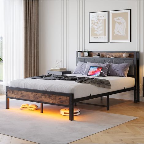 REDOM - Letto a piattaforma 120x200 cm con LED, testiera contenitore, porte USB e presa MDF metallo marrone antico (Senza materasso) (1/5)