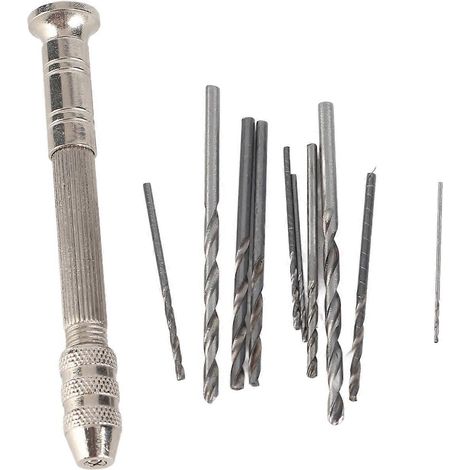 Handbohrmaschine in Silberfarbe mit 10 HHS-Bohrern, Bohrwerkzeug für die Reparatur von Leiterplatten und Uhren