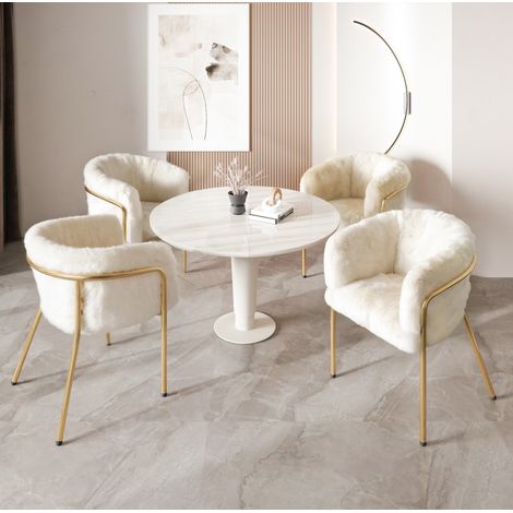 Set de 4 sillas lounge de pelo sintético blanco con patas de metal, 150 kg, para salón y dormitorio,57×57×77cm (1/5)