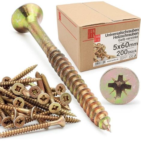Vis à bois 5,0 x 60 mm 200 pièces Acier zingué jaune Tête fraisée PZ2 Pour terrasses et menuiserie Fixation (1/5)