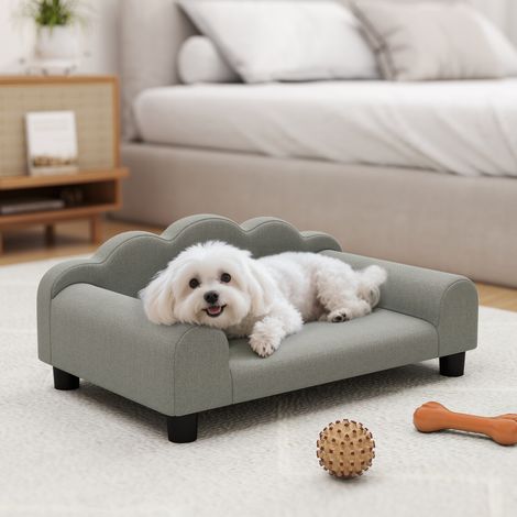 Weiches Hundesofa mit stützenden Armlehnen, Hundecouch aus Holz und Frotteestoff, 66 x 42 x 28,5 cm, Grau (1/5)
