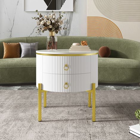 Table d'appoint avec tiroir, plateau effet marbre, pieds et poignées dorés, réglable, meuble d'appoint élégant (1/5)