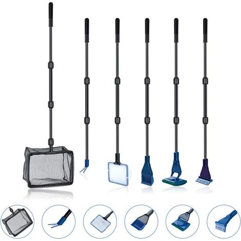Kit di pulizia per acquario 6 in 1 con retino, schiumatoio, rastrello per ghiaia, pinza per piante, raschietto, spugna e connettore (6 in 1) (1/4)