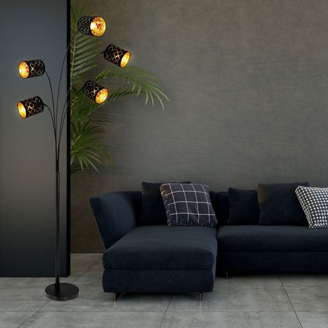 Lampada da terra, lampada da camera, paralume in tessuto placcato oro nero, punzonatura decorativa, tessuto metallico, 5x E14, LxPxH 85x130x204 cm (1/5)