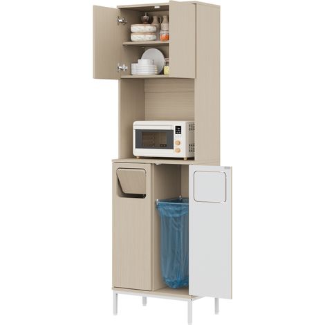 CAIziArmoire de cuisine avec compartiment à déchets, grand meuble haut de 181 cm avec niche pour micro-ondes et espace pour déchets, espace de rangement réglable en hauteur pour aspirateur, 53x35x181c (1/5)