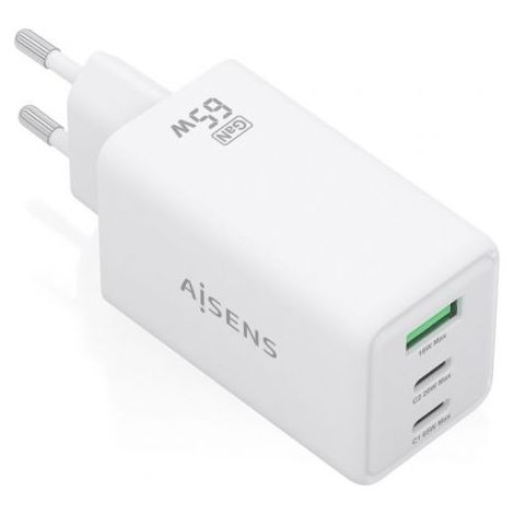 Cargador de Pared GaN Aisens ASCH-65W3P072-W/ 2xUSB Tipo-C/ 1xUSB/ 65W/ Blanco