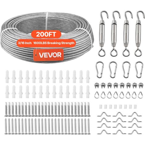 VEVOR Cable de Acero Inoxidable 304 Diámetro de 4,76 mm, Rollo de Cuerda de Alambre 60,96 m, Resistencia a la Rotura de 7,1 KN, Construcción de 7x7,  para Barandillas de Terraza, Enrejados de Jardín