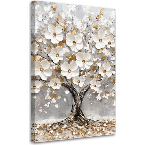 Tableau déco Arbre de vie avec fleurs blanches dorées 70x100 (1/5)