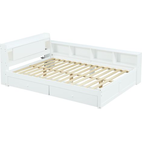 Cama doble 140x200 cm blanca con almacenaje, cabecero, 2 lámparas y enchufe integrado (1/5)