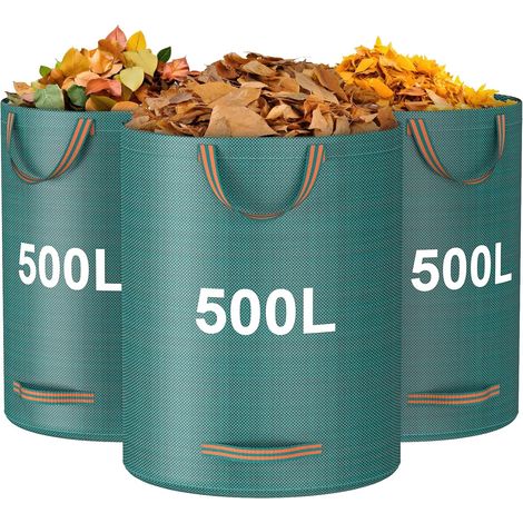 Set of 3 garden waste bags, 500 L, heavy-duty with handles, reusable garden bags, foldable recycling bags for leaves, rubbish, debris, garden bin bags