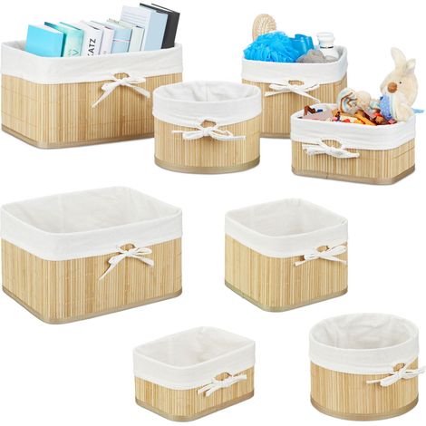 8 x Aufbewahrungskorb Bambus, Aufbewahrungsbox für Regal und Schrank, Dekokorb Stoffeinsatz, Regalkorb, 4 Größen, natur