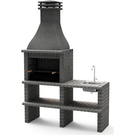 MOVELAR - Modulo para Barbacoa de Obra Prefabricada Modelo KHIVA PLUS con SOPORTE LATERAL COMPLETO con Fregadero y Grifo y con BRASERO (Gris oscuro - 164 x 58 x 246 cm) REF: M01026 - Uso en Exteriores (1/3)