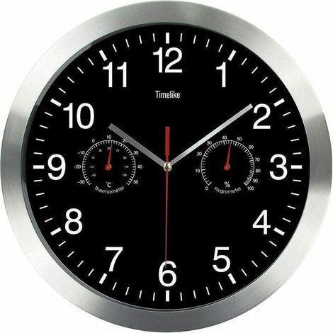 Horloge murale ronde à quartz avec thermomètre et hygromètre pour salon cuisine bureau (noir)