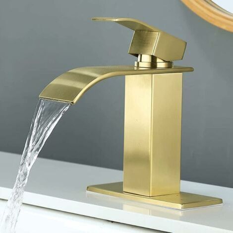 Tuserxln – Mitigeur de lavabo à bec cascade doré – Poignée unique – Finition inox résistante à la corrosion – Plaque de pont incluse – Tuyaux flexibles