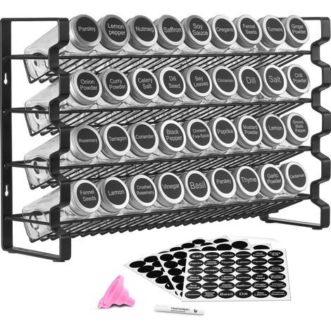 Mophorn Organizador de Especias para Gabinete, incluye 36 Frascos Vacíos, Tapas, Etiquetas y Embudo, Set Completo para Cocina, Encimera, Despensa y Armario, 463 x 118 x 282 mm, 4 Niveles, Color Negro