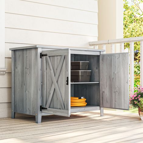 Gartenschrank aus Holz, Gartenschrank mit Regalen und Doppeltüren, 110 x 60 x 88,5 cm, hellgrau