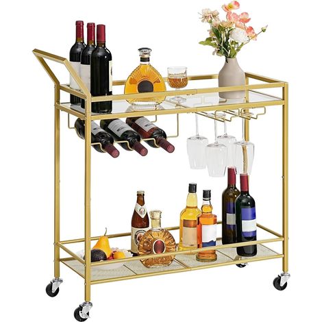 Bar Trolley, Serving Trolley with Bottle Holder and Glass Holder, 2 Tier Mobile Storage with Wheels and Barrier for Dining Room, Living Room, Party, Bar, Gold (1/5)