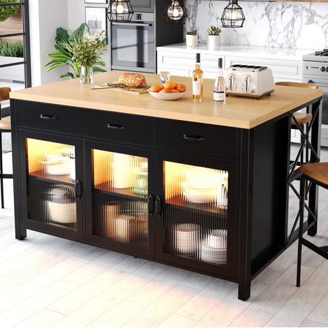 Isola cucina 150 x 80 cm con LED, 3 cassetti e ante in vetro, nero naturale DESVIAE (1/5)