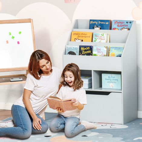 Étagère Enfants Compartiments Cubes Tiroir Mobile Roues Article Enfant Bois Gris 60x29,9x90cm