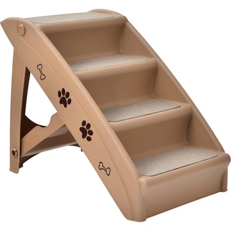COSTWAY rutschfeste Hundetreppe klappbar mit Halterung 4-stufen, Haustiertreppe Katzentreppe mit Teppichboden 62,5 x 39 x 49cm Braun