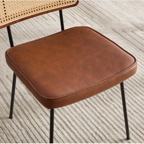 Lot de 2 chaises de salle à manger modernes en PU cuir vintage, cadre en bois massif effet rotin, pieds métalliques réglables marron (1/5)