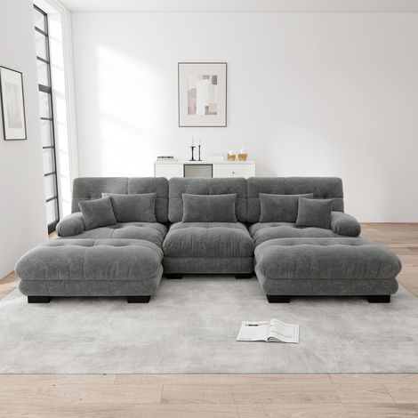 Sofa modular aus Chenille in Grau mit beweglichen Ottomanen, U-/L-/gerade Form
