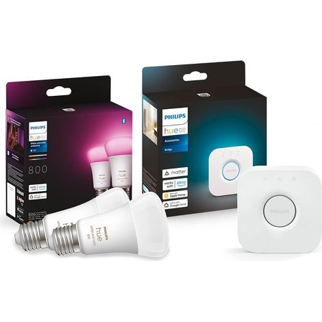 Philips Hue White and Color Ambiance Lampadina Smart 2 Pezzi, Attacco E27 Hue Bridge, Centro di Controllo del Sistema Hue (1/4)