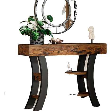 Mesa consola, estilo rústico, amplio espacio de almacenamiento, color marrón rústico. (1/2)