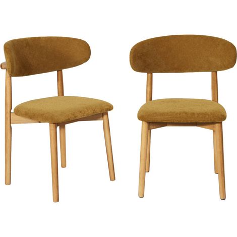 sweeek - 2er-Set Stühle aus Heveaholz naturfarben mit Chenille-Bezug Natur / Senfgelb (1/5)