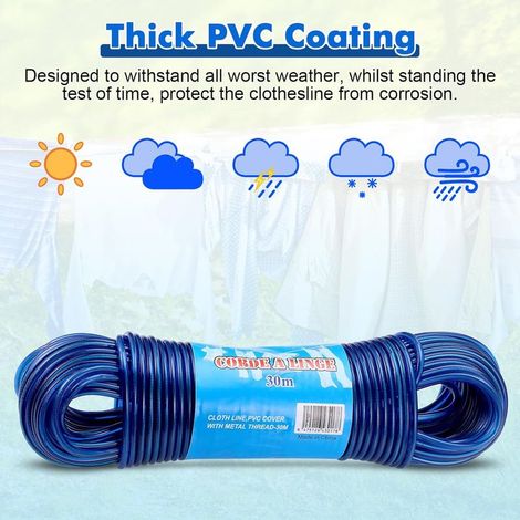 20m Corde a Linge, Fil à Linge Acier Plastifié avec Noyau d'acier, Corde a Linge Exterieur, Corde Solide 4mm Dia Corde à Linge, Fil a Linge Exterieure Résistantes, Capacité portante 120kg (1/2)