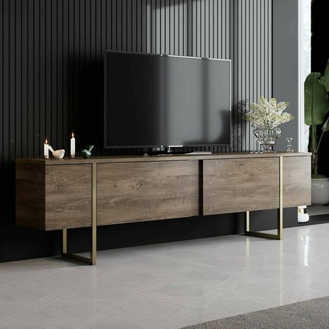 Dmora - Mobile porta TV Abishia, Credenza da soggiorno, Armadio basso per TV, Base parete attrezzata, 180x30h50 cm, Noce e Oro (1/5)
