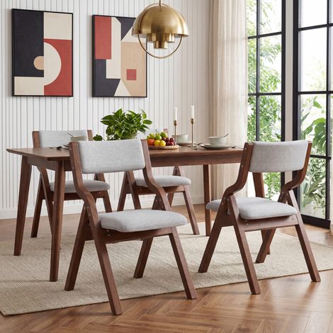 Juego de 4 sillas de comedor plegables, respaldo cómodo, lino, madera maciza gris (1/5)