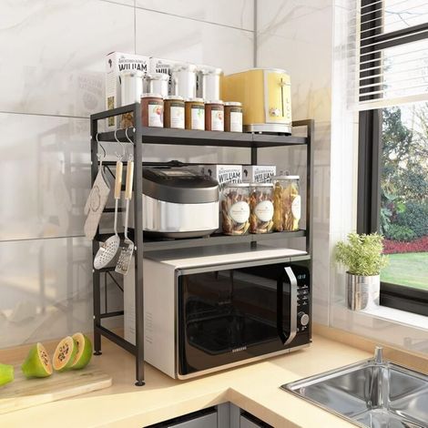 Mobiletto portaoggetti da cucina regolabile in lunghezza 40 - 60 cm, ripiano multifunzione per microonde con 3 ganci (1/5)