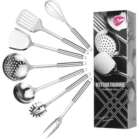 Juego de 7 utensilios de cocina de acero inoxidable, utensilios colgantes con espátula, espátula ranurada, cucharón, espumadera, batidor, cuchara para pasta, tenedor para carne, apto para lavavajillas (1/5)