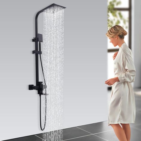 HAUTOUR Système de douche en acier inoxydable - Douche à effet pluie - Colonne de Douche Noir - 3 fonctions - Avec robinet et douchette - Panneau de douche Hauteur réglable 79–110 cm (1/5)