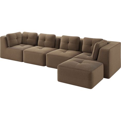 ELVMI Sofá esquinero modular 4 plazas con asiento profundo y respaldo flexible, en pana, Marrón (1/5)