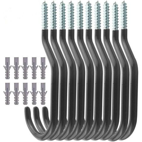 Crochets de Vélo 10 pièces, Support velo mural, crochet plafond charge lourde pour organisation du garage, abri, jardin, rangement, Boulons en Revêtement Plastique Plafond/Mural Monté (Noir) (1/5)