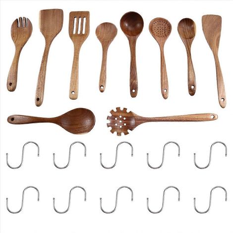 Ensemble de 10 cuillères en bois pour la cuisine, en teck lisse, avec une prise en main confortable et faciles à nettoyer. (1/5)