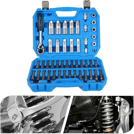 50 Pièces Kit d'outils de démontage d'amortisseur - Outils de Démontage d'amortisseurs de Voiture, Jeu de Clés à Douille pour Amortisseurs avec Clé à Cliquet, Adaptateur 3/8" et 1/2" (1/5)