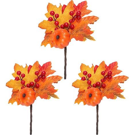 Künstlicher Ahornzweig für den Herbst, künstliche Beerenstängel, künstlicher Kürbisblumenstrauß für Halloween, DIY-Tischdekoration für Thanksgiving, 3-teiliges Set (1/5)