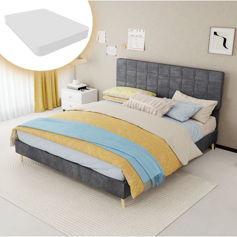 Letto matrimoniale 205x160x127 cm, testiera trapuntata, struttura stabile, gambe in legno, tessuto e metallo grigio (1/5)