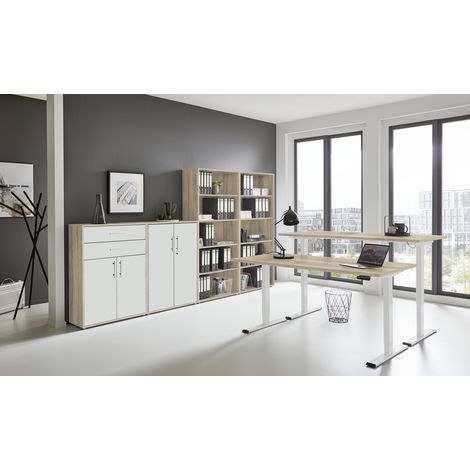 BMG Möbel Büromöbel-Set, e-Office Edition Set 21, Schreibtisch höhenverstellbar, 138 cm, Eiche Sonoma / weiß matt