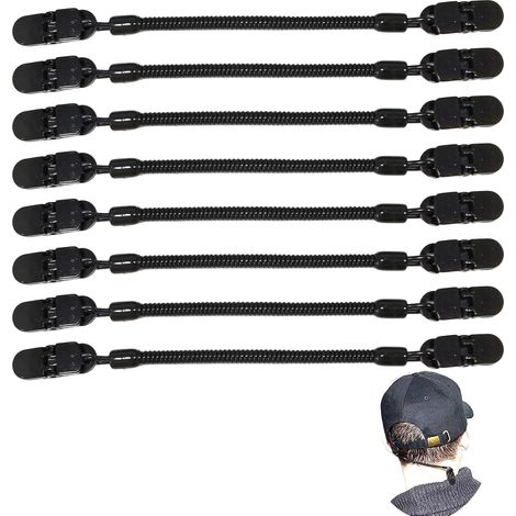 Cap Retainer, Clip de Retenue de Chapeau, 8 pièces, Clip Anti-Vent avec Élastique et Clip Crocodile, Idéal pour Pêche, Randonnée et Activités Extérieures, Taille Ajustable, Couleur Noire (1/5)