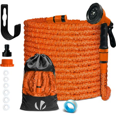 Tuyau d'Arrosage Extensible 30m Adaptable 1/2" et 3/4" 10 Modes de Pulvérisation Flexible et Anti-Fuite Raccord et Sac de Rangement Fournis Orange (1/5)