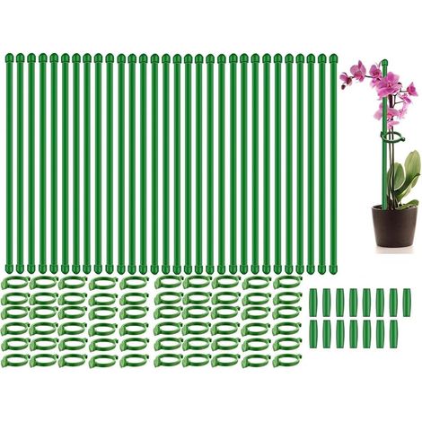 Set of 30 adjustable plant support stakes - Single rod - With plant clips and connecting tube - 30 cm (1/5)