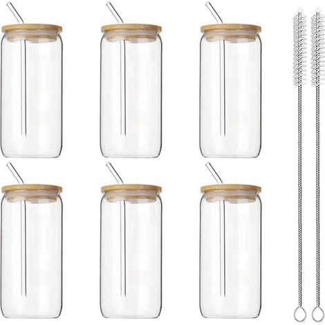 Lot de 6 verres de 47 cl avec couvercles et pailles. Verres transparents pour café, bière, thé, vin. Ustensiles résistants. (1/5)