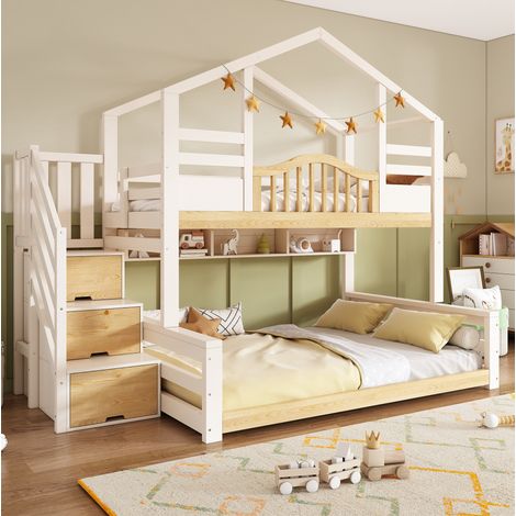 Cama litera 90x200/140x200 cm - Cama cabaña - Con almacenaje, estantes y somier de lamas - De madera - Blanco y madera (1/5)